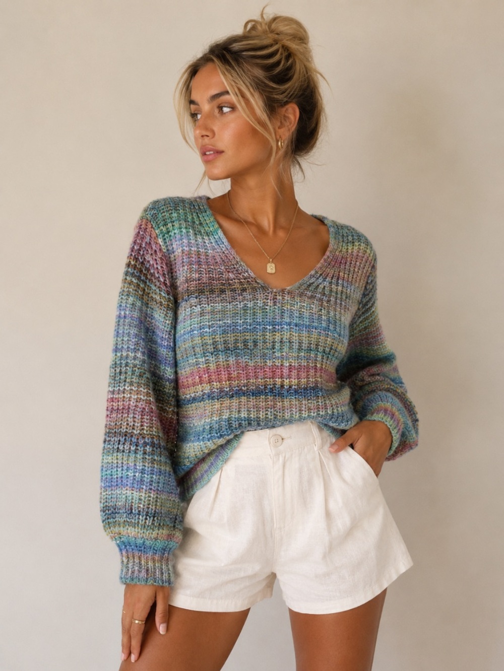Lou & Grey | Colorful Rainbow Stripe  Sweater Semi Crop Balloon Sleeve XS (6/8)